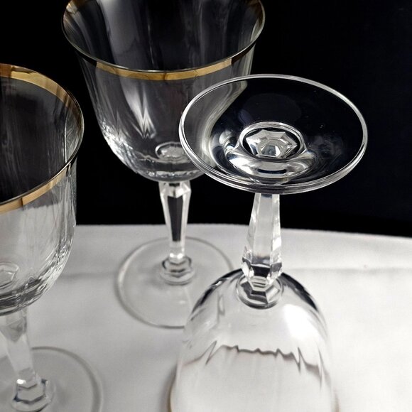 Crown Crystal Cape Cod Gold Rim Goblets 7.5" optic 24% leaded glasses 1970s 4pc - Picture 5 of 9